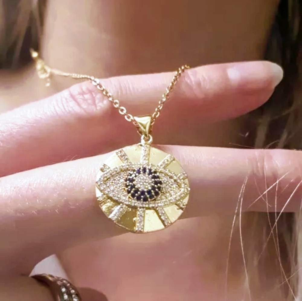 Stainless Steel Paved CZ Stone Evil Eye Necklace